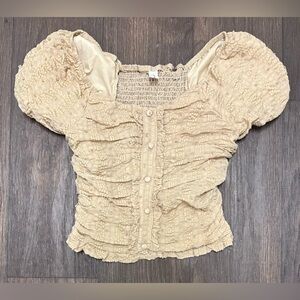 Smocked Puff Sleeve Crop Top Beige Ruffle Stretchy Cottagecore